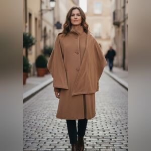 London Fog Camel Wool Coat Classic Mid Lenght Women's Jacket Stand Collar